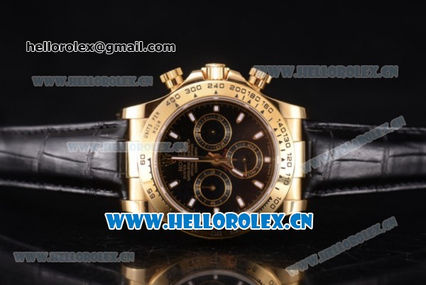 Rolex Cosmograph Daytona Clone Rolex 4130 Automatic Yellow Gold Case with Black Dial Stick Markers and Black Leather Strap (BP) - Click Image to Close